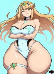 ;) bare_shoulders blonde_hair blue_background cleavage crossover curvy fat_thighs female female_only large_breasts long_hair mewmaster93 mythra nintendo one_eye_closed skindentation smile standing thick_thighs wide_hips winking_at_viewer xenoblade_(series) xenoblade_chronicles_2