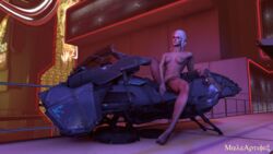 3d areolae barefoot breasts cd_projekt_red ciri cyberpunk female female_only green_eyes highres maleartifex motorcycle nipples pistol scar solo spread_legs tattoo the_witcher_(series) the_witcher_3:_wild_hunt white_hair