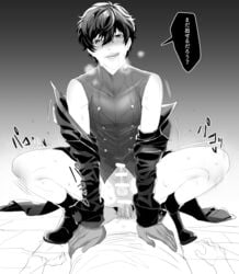 2boys anal atlus black_and_white blush boots bottomless censored clothing cum cum_in_ass cumdrip gloves happy_sex heart human joker_(persona) licking_lips male_focus male_only megami_tensei monaop5 multiple_boys naughty_face pale_skin penetration persona persona_5 phantom_thief_suit pov power_bottom ren_amamiya sex shin_megami_tensei solo_focus steam sweat tongue tongue_out yaoi