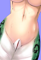 arms_behind_back breasts censored female green_scales head_out_of_frame kirisaki_byakko lamia large_breasts mound_of_venus narrow_waist navel original pussy pussy_juice scales solo sweat sweatdrop sweating toned_female underboob wet_pussy