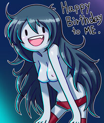 adventure_time bite_marks black_bead_eyes black_hair blush breasts english female grey_skin ichisuu long_hair marceline mob_face nipples smile solo striped topless vampire