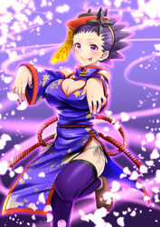 1girls big_breasts breasts chinese_dress cleavage dress female_only human human_only janine_(pokemon) jiangshi leg_up looking_at_viewer nail_polish ninja nintendo pokemon pokemon_gsc pokemon_hgss purple_background purple_hair purple_nails shoes short_hair side-tie_panties smile standing takecha thighhighs tongue tongue_out