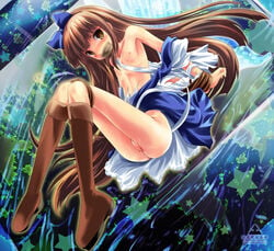 ass blush boots bottomless bow brown_hair dress fairy_wings female flat_chest gagged hairbow highres long_hair looking_at_viewer midriff namamo_nanase nipples off_shoulder pussy sitting solo star star_sapphire_(touhou) tied_up topless torn_clothes torn_dress touhou very_long_hair wet wings