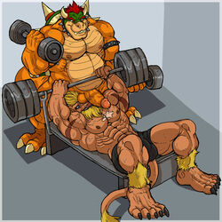 arody bara barbell bench_press bowser crossover cum digimon dumbell gay koopa leomon male male_only mario_(series) nintendo scalie weightlifting working_out