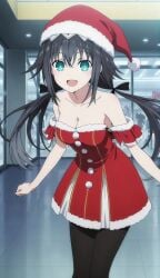 ai ai_generated armpits back_length_hair black_hair black_tights blue_eyes cleavage date_a_live grey_and_black_hair grey_hair hourglass_figured_female indoors light-skinned_female medium_breasts nibelcole ponytails red_dress santa_dress santa_hat thin_female thin_waist tights