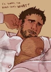 bara big_pecs chest_hair chris_redfield dress_shirt lactation male male_lactation male_only milk_drip milk_stain nipples nsforsoup resident_evil solo_male wardrobe_malfunction