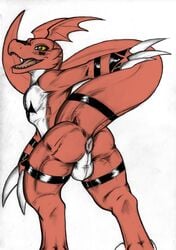 anthro anus ass balls deskai digimon fousen-inn-foundation furry guilmon lizard looking_at_viewer looking_back male male_only nirvana3 no_humans nude open_mouth raised_tail scalie smile solo yellow_eyes