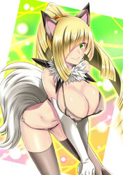 1girls aether_foundation bent_over bikini blonde_hair blush cleavage cosplay dog_ears fake_ears female_only gloves green_background green_eyes hair_over_one_eye human large_breasts long_hair lusamine_(pokemon) lycanroc lycanroc_(cosplay) midday_lycanroc milf mother nintendo pokemon pokemon_(cosplay) pokemon_sm ponytail smile standing tail takecha thighhighs white_border