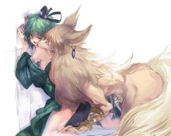 animal_ears animalization blush bottomless breasts canine cis_(carcharias) dog_ears dog_tail dress earmuffs earrings female furry ghost_tail green_dress green_eyes green_hair hat jewelry licking nipples off_shoulder open_mouth penis pussy_juice saliva short_hair soga_no_tojiko sweat tail tate_eboshi tear tongue touhou toyosatomimi_no_miko wince zoophilia