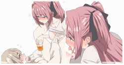2girls anus blush breasts closed_mouth commentary_request cunnilingus drunk edgar_syu grey_hair highres kamiina_botan kamiina_botan_yoeru_sugata_wa_yuri_no_hana large_breasts long_hair medium_breasts multiple_girls nipples open_mouth oral pink_hair purple_eyes short_hair simple_background tonami_ibuki two_side_up white_background yuri