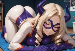 1girl ai_generated all_fours ass bed blonde_hair blush bodysuit boku_no_hero_academia bookshelf breast_press breasts clothing domino_mask drill_hair female gloves grin horns indoors jousneystudio large_breasts long_hair looking_at_viewer mask mount_lady mt_lady my_hero_academia purple_eyes purple_gloves purple_horns shiny_clothes shonen_jump sidelocks skin_tight smile solo superhero superheroine takeyama_yuu teeth thighs top-down_bottom-up twin_drills white_bodysuit yu_takeyama