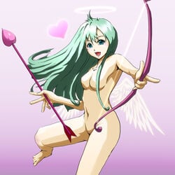 angel_wings artist_request blue_eyes bow_(weapon) breasts female gradient gradient_background green_hair halo lady_cupid long_hair open_mouth purple_background rhythm_heaven rhythm_tengoku smile solo uncensored wings