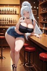 1girl ai_generated bangs bar bare_shoulders blue_eyes breasts cleavage curvy earrings hi_res high_heels high_quality high_resolution huge_breasts indoors jewelry kiraamane long_hair looking_at_viewer midriff navel patreon seductive sexy skirt smile sylpha_langlis tensei_shitara_dai_nana_ouji_dattanode,_kimamani_majutsu_o_kiwamemasu thighs uncensored