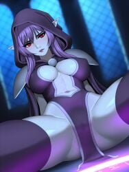 1girl 2d_(artwork) big_breasts blue_skin breasts cape clevage dark_elf digital_media_(artwork) dutch_angle elf_female female_only hood navel original original_character pauldrons pointy_ears purple_hair red_eyes ronindude sitting solo spread_legs stockings thick_thighs thighhighs