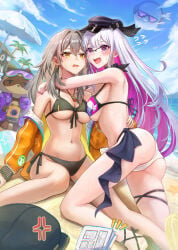 2girls absurdres aha_(honkai:_star_rail) anger_vein ass beach belly belly_button big_ass big_breasts bikini black_bikini black_hat blue_sky breasts colored_inner_hair commentary_request genderless glasses grey_hair hat highres hips hips_wider_than_shoulders honkai:_star_rail honkai_(series) hug huge_ass huge_breasts hugging hugging_another isome jacket large_breasts long_hair medium_hair moon multicolored_hair multiple_girls navel nihilux_(honkai:_star_rail) ocean open_mouth orange_jacket outdoors purple_eyes purple_hair seaside silver_hair sky stelle_(honkai:_star_rail) stomach swimsuit thick_thighs thigh_strap thighs trailblazer_(honkai:_star_rail) two-tone_hair umbrella underboob very_long_hair white_bikini white_hair yellow_eyes yuri