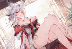 1girls ai_generated animal_ears blush body_markings breasts collarbone crossed_legs fox_ears highres hsin_(wuthering_waves) indoors large_breasts long_hair looking_at_viewer navel nipples nude open_clothes red_eyes sitting smile soft_lighting solo stormiaart sweat uncensored wet white_hair window wuthering_waves
