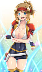 1girls alternate_breast_size belt big_breasts blonde_hair blue_background blue_eyes blush breasts cameltoe cleavage clothed cosplay female_only gloves hairband human human_only long_hair looking_at_viewer navel nintendo pokemon pokemon_ranger pokemon_xy ponytail pussy see-through serena_(pokemon) skin_tight smile solana_(pokemon)_(cosplay) standing takecha teeth text thigh_gap thighhighs tongue