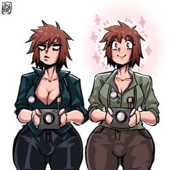 1girls big_breasts breasts brown_eyes brown_hair bulge bully camera clothing eyeshadow female female_focus female_only marvel marvel_comics open_shirt penis petra_parker short_hair smile solo solo_focus spider-man_(series) spider-woman thick thick_thighs trans_pride_colors trans_woman zushi_art