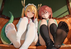 2girls ai_assisted ai_generated black_socks dragon_girl dragon_tail feet foot_fetish foot_focus horns kobayashi kobayashi-san_chi_no_maidragon looking_at_viewer miss_kobayashi's_dragon_maid on_couch sitting soles thighhighs toes tohru_(dragon_maid) white_thighhighs