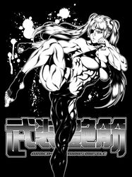 breasts dairoku_tenma highres long_hair monochrome muscle sweat