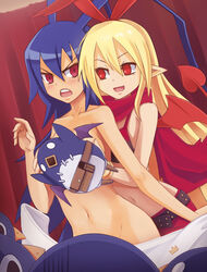 2girls animal_ears bat_wings belt bikini_top blonde_hair blue_hair blush breast_grab breasts bunny_ears censored cute_fang demon_girl demon_tail disgaea disgaea_d2 drawfag female flonne flonne_(fallen_angel) grabbing_from_behind groping hairband highres laharl laharl-chan large_breasts long_hair multiple_girls novelty_censor nude pointy_ears prinny red_eyes rule_63 scarf tail wings yuri