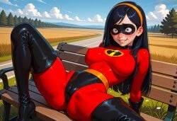 ai_generated breasts cameltoe drooling erect_nipples_under_clothes latex_bodysuit latex_thighhighs legs_apart looking_at_viewer no_bra public ready_for_sex sitting the_incredibles thighs violet_parr