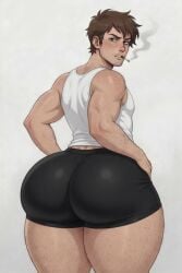 1boy 1male ai_generated bara big_ass big_butt black_underwear brown_hair cigarette fat_ass green_eyes hands_on_hips huge_ass huge_butt male_only massive_ass solo tank_top thick_thighs