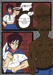 1boy 1girls abs artist_request bald brown_eyes brown_hair capcom dark-skinned_male dark_skin dialogue female fight headband imminent_defeat imminent_sex male muscular muscular_male sakura_kasugano school_uniform schoolgirl short_hair skirt street_fighter