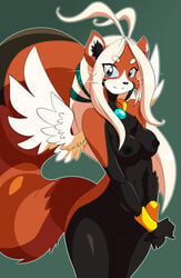 animal_ears anthro black_fur bracers breasts brown_fur chalo chest_tuft edit female furry grey_eyes hair las_lindas looking_at_viewer messiah nipples nude photoshop pink_hair plain_background pose pussy red_panda small_breasts smile solo standing wings