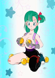 1girls backpack bandaid bare_breasts belt blue_eyes breasts bulma_briefs cleavage covering_breasts dragon_ball dragon_ball_(classic) dragon_ball_(object) female female_only gloves green_hair hair human human_only large_breasts solo teenager topless torn_pants wild_rider_suit