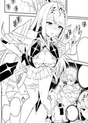 1boy 2girls armor bangs big_breasts black_and_white blush breasts censored clothed clothed_female comic commentary_request doujinshi earrings female fully_clothed gem hair_ornament headpiece jewelry large_breasts long_hair male monochrome multiple_girls mythra nintendo nipples nude pervert pyra rex_(xenoblade) short_hair shy straight sweat swept_bangs tiara translation_request very_long_hair xenoblade_(series) xenoblade_chronicles_2 yuuki_shin