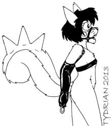 anthro armbinder blush bondage bound breasts female gag monochrome monoglove nude open_mouth_gag pachirisu pokemon ring_gag rodent rubber squirrel tydrian