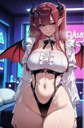 1girls ai_generated ass_visible_through_thighs bangs bare_shoulders black_clothes black_horns black_panties black_underwear blunt_bangs blush bow breasts cleavage closed_mouth clothing clothing_cutout crop_top curvaceous curvaceous_female curvaceous_figure curvy curvy_figure demon_girl demon_horns demon_tail demon_wings female female female_focus female_only frilled_shirt frills green_eyes highleg highleg_panties horns indoors inviting_to_sex kitagawa_marin large_breasts legwear leotard long_hair long_sleeves looking_at_viewer midriff miyuai navel pantsu pointy_ears presenting presenting_breasts presenting_self red_hair rizu-kyun_(cosplay) rizu-kyun_(cosplay)inviting seductive seductive_look seductive_smile shirt sidelocks skindentation smile solo sono_bisque_doll_wa_koi_wo_suru standing stomach thick_thighs thigh_gap thighhighs thighs two_side_up underwear voluptuous voluptuous_female white_shirt wide_hips window wings