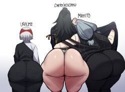 3boys apple_butt arched_back ass ass_chart ass_comparison ass_focus back_view big_ass big_butt black_clothing blackwhiplash both_sexes_in_same_situation bwl cellulite clothed_female dark_hair edit exposed_ass female femboy femboy_only getou_suguru gluteal_fold hakari_approved height_difference huge_ass jujutsu_kaisen large_ass large_butt lineup long_ass mahito_(jujutsu_kaisen) male male/male male_only massive_ass rear_view silver_hair standing suguru_geto text thick_ass thighs trans_woman transfem uraume v_sign villian voluptuous voluptuous_femboy wide_hips