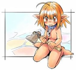 ahoge axe blush collar female nipples nude orange_eyes orange_hair oyatsu_(mk2) pointy_ears pussy short_hair sitting small_breasts solo stone_axe wariza weapon