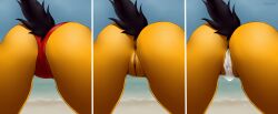 absurd_res after_sex anthro anus beach bodily_fluids butt clothing cum female full-length_portrait genital_fluids genitals hi_res lama leaking_cum length nude panties portrait red_clothing red_panties red_underwear sand sky solo summer tail tylaryla underwear vulva wide_hips
