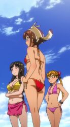 3girls amy_(suisei_no_gargantia) animal ass big_breasts bikini blonde_hair breasts brown_eyes brown_hair busty crossed_arms expressionless female female_only front-tie_bikini_top front-tie_top green_eyes hand_on_hip hands_on_hips highres large_breasts legs long_hair medium_breasts melty_(suisei_no_gargantia) multiple_girls navel pose posing purple_bikini saaya_(suisei_no_gargantia) sarong small_breasts suisei_no_gargantia swimsuit thighs twintails voluptuous yellow_bikini