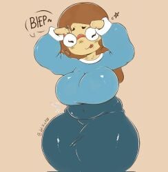 1girl arms_up blue_dress blush breasts brown_hair closed_eyes covered_navel dress english_text fat glasses huge_breasts jelitrixx kindergarten_(game) kindergarten_3 large_breasts long_hair long_sleeves ms._lovelett plump round_eyewear shirt simple_background solo tongue tongue_out