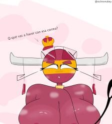 breasts breasts_out bull countryhumans countryhumans_girl girly horns leash leash_and_collar leash_pull leashed_collar leashed_pov red_skin spain_(countryhumans) spanish_text speaking_to_viewer stchromakey