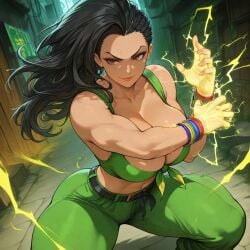 ai_generated big_breasts bigbizarts braids brazilian_female breasts brown_eyes confident_smile curvaceous_body electricity female fighting_stance latina laura_matsuda light-skinned_female long_hair street_fighter street_fighter_v thick_lips