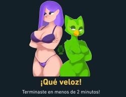 2girls anthro beak big_breasts bikini black_eyes breasts crossed_arms duo_(duolingo) duolingo female green_body lily_(duolingo) purple_hair rule_63 serious_face serious_look spanish_text thick_thighs voluptuous wide_hips