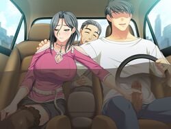 1girls 2boys :d ^_^ age_difference arm_around_neck asakura_sakura bare_shoulders belt black_hair black_skirt black_thighhighs blush breasts building car car_interior censored cheating_(relationship) cityscape cleavage cleavage_cutout closed_eyes closed_mouth clothed_sex clothing_cutout cloud couple day denim driving earrings embarrassed faceless faceless_male female formal game_cg green_eyes grey_hair hair_between_eyes hand_on_another's_shoulder hand_on_own_knee handjob handjob_while_driving happy_sex head_tilt hetero highres hug huge_breasts husband_and_wife incest inside_car jeans jewelry lace lace-trimmed_legwear lace_trim left-hand_drive looking_away looking_down mature_female miniskirt mole mole_under_mouth mosaic_censoring mother_and_son motor_vehicle multiple_boys necklace old old_man open_fly open_mouth outstretched_arm own_hands_clasped own_hands_together pants pencil_skirt pendant penis penis_out raised_eyebrows ring shiga_ryouji shirt short_hair side_slit sitting skirt sky skyscraper smile stealth_handjob stealth_sex t-shirt thighhighs transparent umetsu_reimi umetsu_tatsumi uwaki_tsuma wedding_ring wheel window x-ray zettai_ryouiki