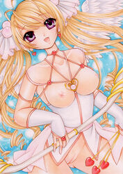 1girls angel_wings arrow blonde_hair bow_(weapon) breastless_clothes breasts earrings female heart long_hair looking_at_viewer mocomoco_party nipples no_panties open_mouth original purple_eyes pussy smile solo tied_hair twintails uncensored wings