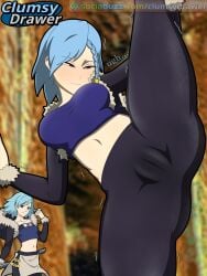 1girls artist_logo azure_fang blue_eyes blue_hair blurry_background braid breasts cameltoe clothing clumsydrawer crop_top english_language english_text female female_focus fur_trim jacket large_breasts leg_up leggings medium_breasts midriff naruto naruto_online navel outdoors pants purple_eyes self_upload short_hair side_braid smile solo solo_female split standing standing_on_one_leg standing_split struggling suggestive_pose sweat text trembling tube_top url video_game_character watermark yoga_pants