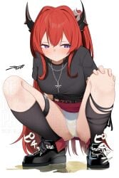 absurdres adversarial_noise akinoji_(akiponpon27) arknights belt belt_buckle black_belt black_horns black_shirt black_shoes black_socks blush breasts buckle chain_necklace chains closed_mouth commentary_request cross cross_necklace crotch_seam double-parted_bangs embarrassed female full_body hair_between_eyes hand_on_own_foot hand_on_own_knee highres horns jewelry kneehighs large_breasts long_bangs long_hair miniskirt necklace official_alternate_costume panties pee_puddle peed_self purple_eyes red_hair red_skirt shirt shoes simple_background skirt socks solo sound_effects squatting straight_hair surtr_(arknights) surtr_(liberte_echec)_(arknights) sweatdrop t-shirt thigh_strap underwear upskirt urine v-shaped_eyebrows variant_set very_long_hair watermark wet wet_clothes wet_panties white_background white_panties