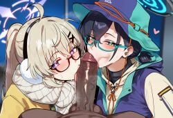 1boy 2girls :>= ai_generated blonde_hair blowjob blue_archive blue_hair blush bucket_hat chihiro_(blue_archive) chihiro_(camp)_(blue_archive) clothed clothed_female collaborative_fellatio dark-skinned_male dark_skin double_fellatio drool fellatio genlation glasses green_eyes halo huge_cock huge_cock interracial kissing_penis kotama_(blue_archive) kotama_(camp)_(blue_archive) large_penis pov purple_eyes saliva scarf sucking sucking_penis sucking_tip sweat tagme tongue tongue_out