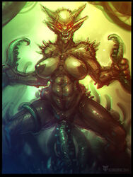 2014 abs biceps big_breasts breasts demon female horn multiple_insertions muscles neurodyne nipples nude open_mouth pecs penetration pussy saliva sex solo spikes standing teeth tentacle vaginal_penetration