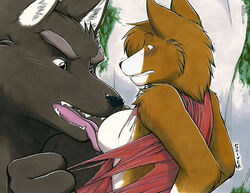 anthro breast_lick corgi female furry licking male meesh traditional_media_(artwork) werewolf