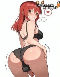 1boy 1futa 2025 ai_generated artist_name ass balls black_bra black_panties blush bocchi_the_rock! bra cock crossdressing dick foxenpai futanari heart hi_res high_quality high_resolution highres intersex kita_ikuyo long_hair looking_back male male_focus otoko_no_ko panties patreon patreon_username penis red_hair spoken_heart stable_diffusion sweat testicles underwear watermark