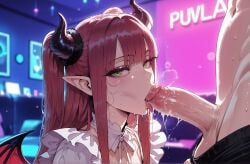 1boy 1girls ai_generated bangs black_horns blunt_bangs blush breasts clothed_female clothed_female_nude_male clothing cosplay curvaceous curvaceous_female curvaceous_figure curvy curvy_figure demon_girl demon_horns demon_tail demon_wings dress erection eyelashes fellatio female female female_focus frills green_eyes heart horns indoors kitagawa_marin large_breasts large_penis licking long_hair looking_at_viewer male miyuai nipples oral penis pointy_ears red_hair rizu-kyun_(cosplay) saliva scrunchie semen shirt sidelocks solo_focus sono_bisque_doll_wa_koi_wo_suru straight sweat testicles tongue tongue_out two_side_up veins veiny_penis voluptuous voluptuous_female wings